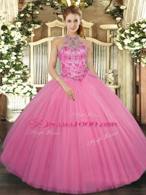 Fantastic Ball Gowns Sweet 16 Quinceanera Dress Rose Pink Halter Top Tulle Sleeveless Floor Length Lace Up