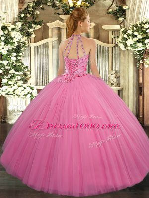 Fantastic Ball Gowns Sweet 16 Quinceanera Dress Rose Pink Halter Top Tulle Sleeveless Floor Length Lace Up