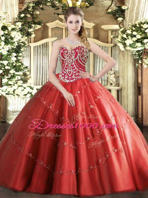 Fashionable Floor Length Red Quinceanera Dresses Sweetheart Sleeveless Lace Up