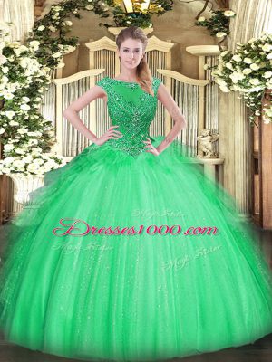 On Sale Apple Green Tulle Zipper Quinceanera Dress Sleeveless Floor Length Beading and Ruffles