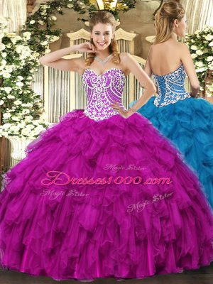 Beading and Ruffles Quinceanera Gowns Fuchsia Lace Up Sleeveless Floor Length