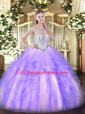 Lavender Tulle Zipper 15th Birthday Dress Sleeveless Floor Length Beading and Ruffles