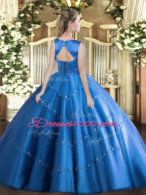 Custom Design Floor Length Aqua Blue Ball Gown Prom Dress Scoop Sleeveless Lace Up