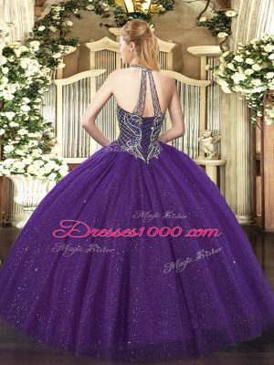 Fancy Eggplant Purple Halter Top Lace Up Beading Sweet 16 Quinceanera Dress Sleeveless