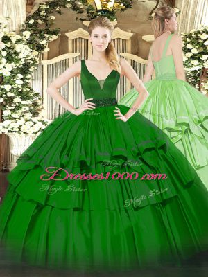 Beauteous Green Organza Zipper Straps Sleeveless Floor Length Ball Gown Prom Dress Beading and Ruffled Layers