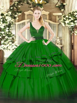 Beauteous Green Organza Zipper Straps Sleeveless Floor Length Ball Gown Prom Dress Beading and Ruffled Layers