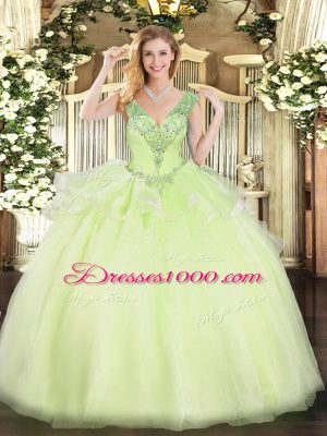 Beading Quinceanera Gown Yellow Green Lace Up Sleeveless Floor Length