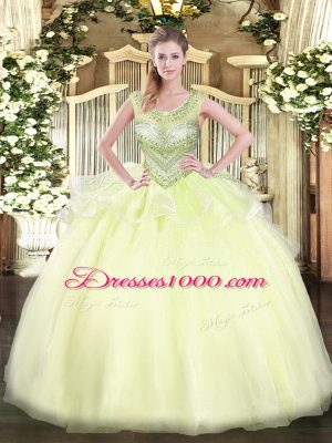 Clearance Light Yellow Lace Up Quinceanera Dress Beading Sleeveless Floor Length