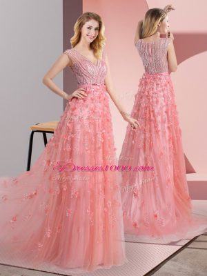 Pink V-neck Zipper Beading and Appliques Prom Dresses Sweep Train Sleeveless
