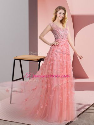 Pink V-neck Zipper Beading and Appliques Prom Dresses Sweep Train Sleeveless