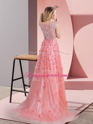 Pink V-neck Zipper Beading and Appliques Prom Dresses Sweep Train Sleeveless
