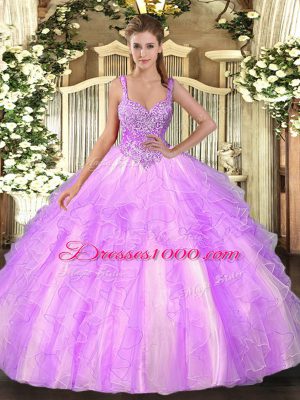 Lilac Lace Up Straps Beading and Ruffles 15 Quinceanera Dress Tulle Sleeveless