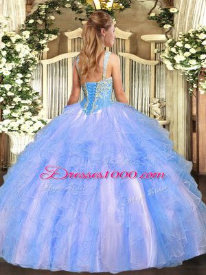 Lilac Lace Up Straps Beading and Ruffles 15 Quinceanera Dress Tulle Sleeveless