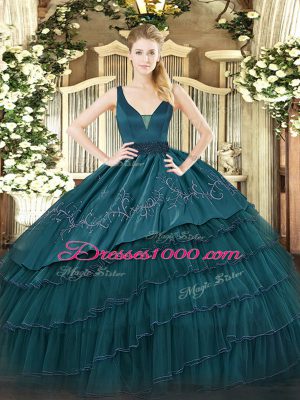 Graceful Teal Ball Gowns Beading and Embroidery and Ruffled Layers Quinceanera Gowns Zipper Organza and Taffeta Sleeveless Floor Length