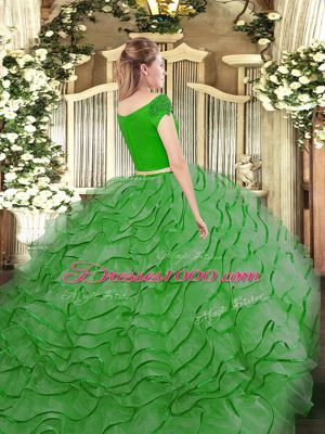 Cute Sweet 16 Dress Military Ball and Sweet 16 and Quinceanera with Ruffles Off The Shoulder Short Sleeves Brush Train Zipper