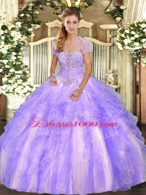 Chic Strapless Sleeveless Ball Gown Prom Dress Floor Length Appliques and Ruffles Lavender Tulle