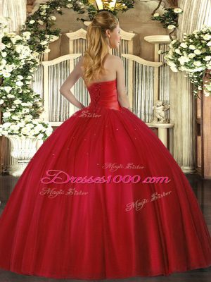 Designer Fuchsia Tulle Lace Up Quinceanera Gown Sleeveless Floor Length Ruching
