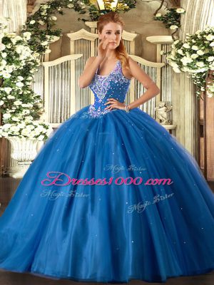 Dynamic Blue Quince Ball Gowns Military Ball and Sweet 16 and Quinceanera with Beading Straps Sleeveless Lace Up