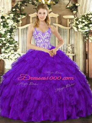 Discount Sleeveless Organza Floor Length Lace Up Sweet 16 Dress in Purple with Beading and Ruffles