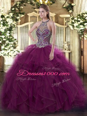 Sweet Fuchsia Ball Gowns Organza Halter Top Sleeveless Beading Floor Length Lace Up Sweet 16 Dress