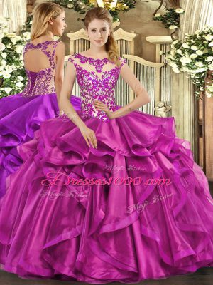 Ball Gowns Quinceanera Dress Fuchsia Scoop Organza Sleeveless Floor Length Lace Up