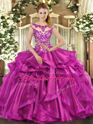 Ball Gowns Quinceanera Dress Fuchsia Scoop Organza Sleeveless Floor Length Lace Up