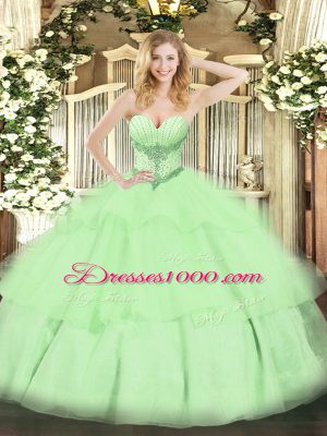 Yellow Green Ball Gowns Beading and Ruffled Layers Sweet 16 Dress Lace Up Tulle Sleeveless Floor Length