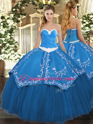 High End Sweetheart Sleeveless Quinceanera Dress Floor Length Appliques and Embroidery Blue Organza and Taffeta