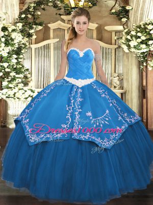 High End Sweetheart Sleeveless Quinceanera Dress Floor Length Appliques and Embroidery Blue Organza and Taffeta