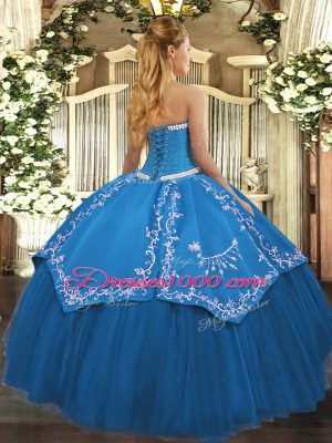 High End Sweetheart Sleeveless Quinceanera Dress Floor Length Appliques and Embroidery Blue Organza and Taffeta