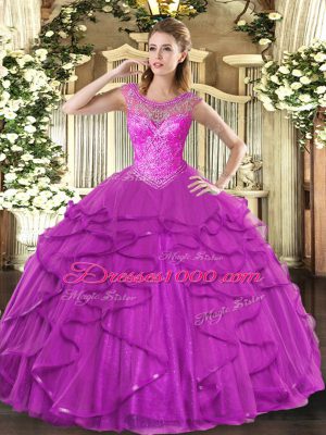 Exquisite Fuchsia Tulle Lace Up Quinceanera Gowns Sleeveless Floor Length Beading and Ruffles