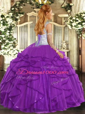 Exquisite Fuchsia Tulle Lace Up Quinceanera Gowns Sleeveless Floor Length Beading and Ruffles