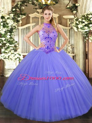 Pretty Lavender Halter Top Lace Up Beading and Embroidery Quinceanera Gowns Sleeveless
