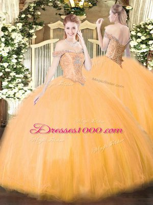Tulle Off The Shoulder Sleeveless Lace Up Beading Quinceanera Gown in Orange