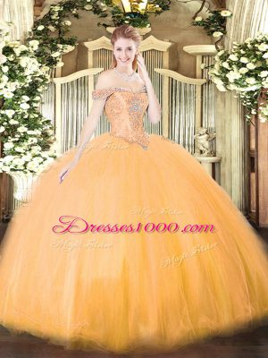 Tulle Off The Shoulder Sleeveless Lace Up Beading Quinceanera Gown in Orange