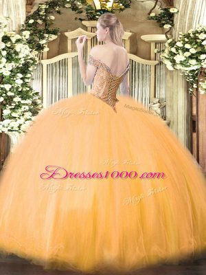 Tulle Off The Shoulder Sleeveless Lace Up Beading Quinceanera Gown in Orange