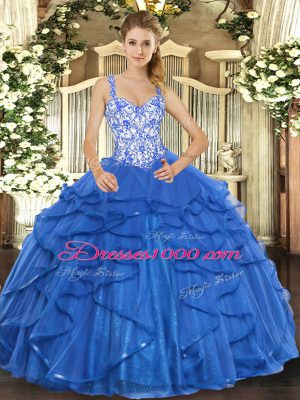 Eye-catching Blue Sleeveless Tulle Lace Up Quinceanera Gown for Sweet 16 and Quinceanera