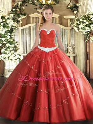 Coral Red Ball Gowns Tulle Sweetheart Sleeveless Appliques Floor Length Lace Up Sweet 16 Dresses