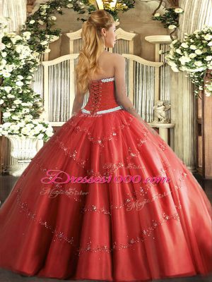 Coral Red Ball Gowns Tulle Sweetheart Sleeveless Appliques Floor Length Lace Up Sweet 16 Dresses