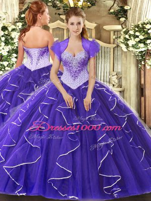 Sweetheart Cap Sleeves Quinceanera Dress Floor Length Beading Purple Tulle