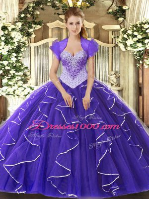 Sweetheart Cap Sleeves Quinceanera Dress Floor Length Beading Purple Tulle
