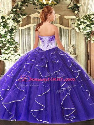 Sweetheart Cap Sleeves Quinceanera Dress Floor Length Beading Purple Tulle