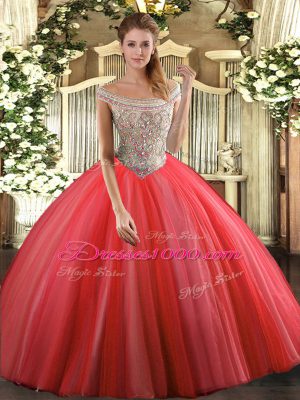 Coral Red Lace Up Off The Shoulder Beading Quinceanera Gowns Tulle Sleeveless