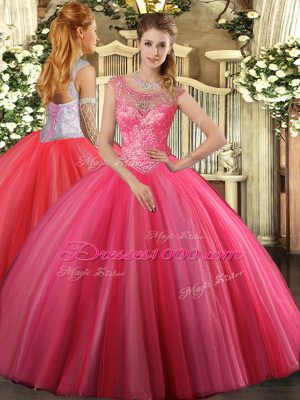 Simple Coral Red Ball Gowns Beading 15 Quinceanera Dress Lace Up Tulle Sleeveless Floor Length
