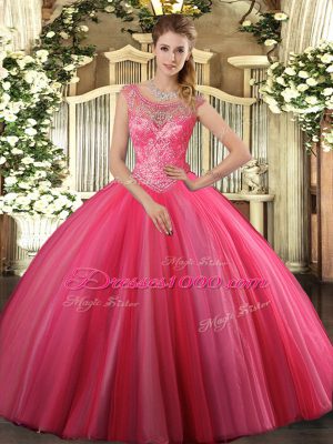 Simple Coral Red Ball Gowns Beading 15 Quinceanera Dress Lace Up Tulle Sleeveless Floor Length