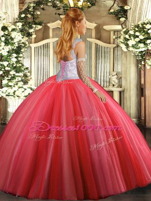 Simple Coral Red Ball Gowns Beading 15 Quinceanera Dress Lace Up Tulle Sleeveless Floor Length