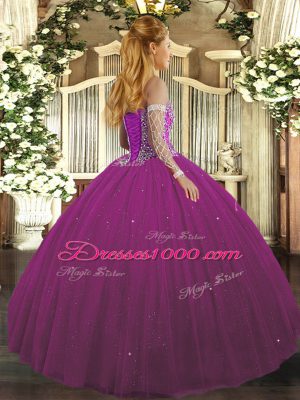 Sweetheart Sleeveless 15th Birthday Dress Floor Length Beading Fuchsia Tulle