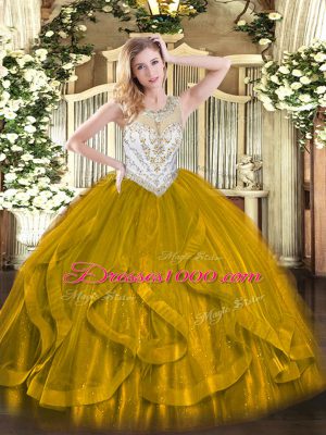 Decent Brown Tulle Zipper Scoop Sleeveless Floor Length 15th Birthday Dress Beading and Ruffles