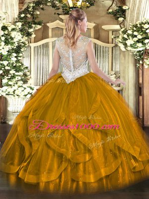 Decent Brown Tulle Zipper Scoop Sleeveless Floor Length 15th Birthday Dress Beading and Ruffles