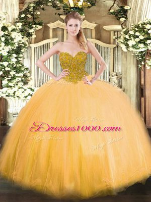 Sumptuous Sleeveless Floor Length Beading Lace Up Quinceanera Dresses with Gold